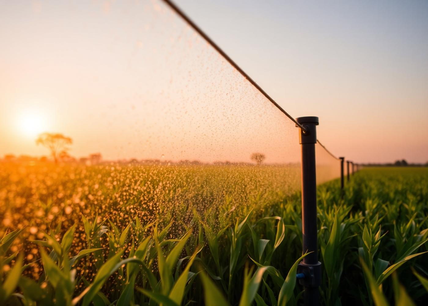 Sprinkler irrigation watering young crops at sunset